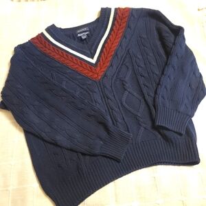 Vintage GANT SLOUCHY 90’s Y2K CABLE V-NECK SWEATER Size Large Navy Burgandy